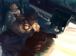 aiming anthro battle beak duo gun handgun holding_gun holding_object holding_ranged_weapon holding_weapon male ranged_weapon revolver weapon motogen avian bird owl 2009 4:3