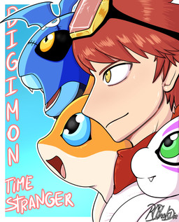 blue_eyes eyewear eyewear_on_head fangs feral goggles goggles_on_head green_eyes group hair male open_mouth orange_body red_hair scarf smile teeth wings yellow_eyes rcblackdie bandai_namco digimon digimon_story:_time_stranger dan_yuki_(digimon) demidevimon digimon_(species) gomamon human mammal patamon absurd_res hi_res