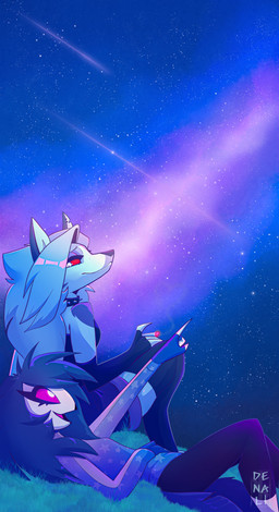 anthro beak biped black_nose cigarette collar duo ear_piercing ear_ring feathers female galaxy lying night on_back piercing red_sclera ring_piercing spiked_collar spikes star stargazing tail tail_feathers denali-kitten hellaverse helluva_boss mythology loona_(helluva_boss) octavia_(helluva_boss) avian bird canid canid_demon canine demon hellhound mammal mythological_canine mythological_creature owl 2023 absurd_res hi_res