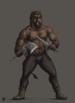 5_fingers abs anthro armlet axe biceps biped bottomwear bracelet brown_body brown_clothing brown_footwear brown_fur brown_hair brown_nipples brown_shoes brown_tail clothed clothing dagger ear_piercing eyebrows fingers footwear front_view fur grey_background grey_bottomwear grey_clothing grey_pants hair hatchet holding_object holding_weapon humanoid_hands jewelry looking_at_viewer male melee_weapon muscular muscular_anthro muscular_male nipples pants pecs piercing pink_nose pose shoes short_hair simple_background snout solo standing tail tail_tuft tattoo topless tuft tusks weapon rov mammal suid suine sus_(pig) wild_boar 2017 digital_media_(artwork) full-length_portrait hi_res portrait restricted_palette signature