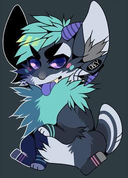 ambiguous_gender blue_body blue_fur blue_hair blue_stripes chibi ear_piercing fangs featureless_crotch feral front_view fur gauged_ear glistening glistening_eyes grey_body grey_fur grey_inner_ear_fluff hair horn inner_ear_fluff looking_at_viewer open_mouth piercing purple_eyes purple_horn simple_background sitting solo striped_arms striped_body striped_fur stripes tail teeth tongue tongue_out tuft white_body white_fur white_inner_ear white_tail princelykaden