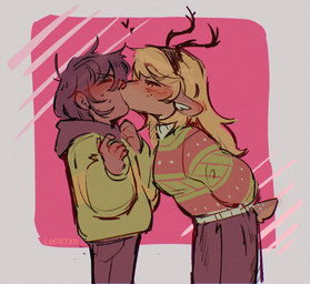 adolescent ambiguous_gender anthro antlers blonde_hair blush blush_lines bodily_fluids breasts brown_body brown_fur brown_hair clothing duo eyebrow_through_hair eyebrows eyes_closed female female/ambiguous freckled_face freckles fur hair heart_symbol hoodie horn kissing leaning leaning_forward markings simple_background spots spotted_markings spotted_tail sweat sweater tail tail_markings topwear translucent translucent_hair young young_ambiguous young_anthro young_female young_human l0dstxr deltarune undertale_(series) kris_dreemurr noelle_holiday cervine deer human mammal 2025 signature