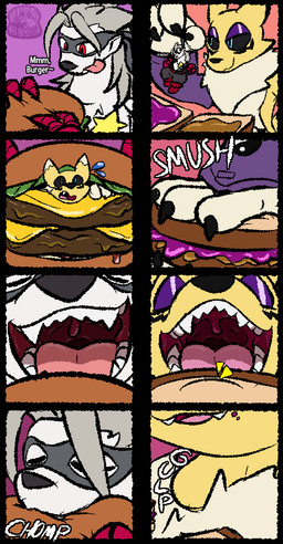 ask_blog bottomwear burger clothing cybernetic_arm cybernetic_limb duo eating eyes_closed female food footwear fur grey_hair hair jelly_(food) licking licking_lips mechanical_arm micro pants peanut_butter peanut_butter_and_jelly_sandwich red_eyes sandwich_(food) shoes sound_effects star swallowing teeth text tongue tongue_out vore white_body white_fur yellow_body yellow_fur ifra bandai_namco digimon digimon_beatbreak digimon_(species) renamon wolvermon 2026 artist_name comic digital_media_(artwork) english_text hi_res