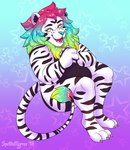 ambiguous_gender anthro black_body blonde_mane blue_eyes blue_mane blue_nose green_eyes green_mane mane markings nude open_mouth open_smile overweight overweight_ambiguous overweight_anthro red_eyes red_mane smile solo striped_arms striped_legs striped_markings striped_tail stripes tail tail_markings tail_tuft tuft white_body tiggybloom felid lion mammal pantherine 2018 dated hi_res signature