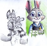 anthro female fur green_background grey_body grey_fur male pink_nose purple_eyes simple_background tail text white_background penmark disney zootopia judy_hopps nick_wilde canid canine fox lagomorph leporid mammal rabbit red_fox true_fox 2015 bust_portrait character_name colored_pencil_(artwork) graphite_(artwork) greyscale monochrome multiple_images pen_(artwork) portrait shaded signature sketch traditional_media_(artwork)