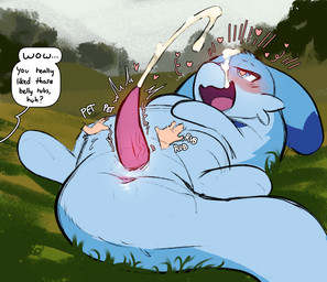 anus belly_rub blue_body blue_eyes blue_fur blush bodily_fluids cheek_tuft cum cum_on_face cum_on_self cumshot ejaculation erection facial_tuft feral fur genital_fluids genitals hands-free happy lying male masturbation on_back open_mouth orgasm outside outside_masturbation penis simple_background smile solo tail text tongue tuft prince-vulpine palworld pocketpair chillet mammal pal_(species) absurd_res hi_res