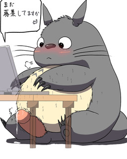anthro balls blush bodily_fluids computer electronics erection fur genital_fluids genitals grey_body grey_fur humanoid_genitalia humanoid_penis kemono male overweight overweight_anthro overweight_male penis precum simple_background sitting solo sweat text white_background nanigashibou ghibli my_neighbor_totoro totoro 2021 4:5 hi_res japanese_text translated