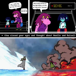 anthro boxing_gloves clothing female fight gameplay_mechanics group handwear male text sebadoesntexist deltarune one_piece undertale_(series) kris_dreemurr noelle_holiday ralsei susie_(deltarune) bovid caprine deer goat human mammal new_world_deer reindeer scalie 1:1 english_text
