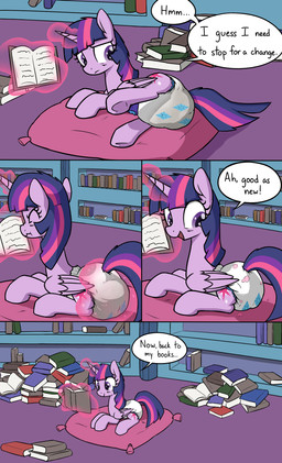 clean_diaper clothed clothing cutie_mark cutie_mark_diaper cutie_mark_print dialogue diaper diaper_change feces female feral horn library magic magic_user mane messy_mane pillow purple_body purple_eyes purple_mane quadruped reading sitting sitting_on_pillow soiled_diaper solo speech_bubble striped_mane text unclean_diaper used_diaper wearing_diaper wings skitterpone friendship_is_magic hasbro my_little_pony mythology twilight_sparkle_(mlp) equid equine mammal mythological_creature mythological_equine winged_unicorn comic english_text hi_res
