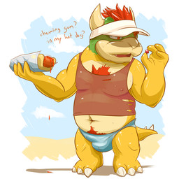 anthro barefoot biped bodily_fluids bulge clothed clothing confusion dialogue feet food front_view hat headgear headwear holding_food holding_object hot_dog male midriff navel nipple_outline open_mouth overweight overweight_anthro overweight_male pecs pubes shell-less shirt simple_background solo speedo standing sweat swimwear tank_top text topwear visor_cap hollonut mario_bros nintendo bowser koopa scalie 1:1 english_text