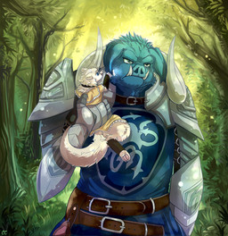 ambiguous_gender anthro armor belt blue_body blue_eyes blue_fur carrying_another clothed clothing detailed_background duo feet floppy_ears foot_wraps forest fur gauntlets gloves grass grumpy handwear magic male outside pawpads paws plant shoulder_guards size_difference snout tabard tree tusks unimpressed white_body white_fur wraps chibity balor_(lumpuslux) tikki_(lumpuslux) domestic_ferret mammal mustelid musteline suid suine sus_(pig) true_musteline weasel wild_boar 2018