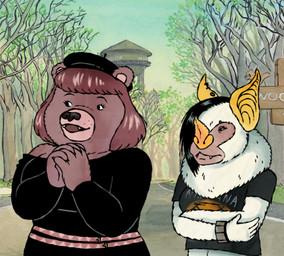 anthro beret brown_body brown_fur brown_hair clasped_hands clothing crossed_arms duo female fur hair hat headgear headwear style_emulation white_body white_fur blarf022 beneath_the_trees_where_nobody_sees sherry_bear_(blarf022) vranda_von_bat_(blarf022) bat bear honduran_white_bat leaf-nosed_bat mammal microbat yangochiropteran 2026 absurd_res hi_res