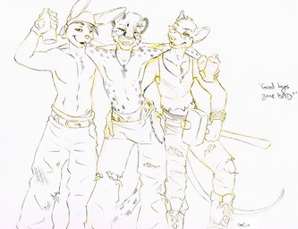 anthro arm_around_shoulders backless_gloves belt biped boots bottomwear bracelet clothed clothing cross eyebrows eyewear fingerless_gloves footwear front_view fur glasses gloves grin group hammer handwear head_tuft holding_object holding_tool hug jewelry kerchief looking_at_viewer male markings pants pendant shirt shoes simple_background sledgehammer smile smirk spots spotted_body spotted_fur spotted_markings spotted_tail spray_can standing tail tail_markings tank_top teeth text tools topless topwear torn_clothing tuft whiskers white_background sabretoothed_ermine hope_(stripes) salem_(stripes) tobias_(stripes) cheetah felid feline lagomorph leporid mammal mouse murid murine rabbit rodent 2014 black_and_white english_text graphite_(artwork) monochrome signature traditional_media_(artwork)