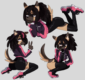anthro big_butt butt clothing dreadlocks femboy gesture hand_gesture lying_on_ground male multiple_poses on_ground pose solo streetwear v_sign dustbinrat devin_(yungyiff) canid canine canis domestic_dog german_shepherd herding_dog mammal pastoral_dog hi_res