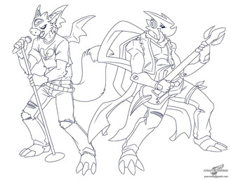 anthro anthrofied claws clothed clothing duo electric_guitar electronics fluffy fluffy_tail fox_tail fur guitar headphones horn male membrane_(anatomy) membranous_wings microphone microphone_stand musical_instrument open_mouth plucked_string_instrument simple_background singing smile string_instrument stripes tail text wings wolfblade bandai_namco digimon mythology digimon_(species) dorumon dragon furred_dragon furred_scalie mythological_creature mythological_scalie scalie shoutmon x-digimon monochrome url