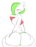 big_butt blush blush_lines breasts butt clothing doctordongass eyes_closed female gardevoir generation_3_pokemon green_clothing green_hair green_thong green_underwear hair hair_over_eye humanoid looking_back mostly_nude nintendo one_eye_obstructed pokemon pokemon_(species) rear_view short_hair simple_background sitting small_waist smile solo thick_thighs thong underwear white_background white_body wide_hips