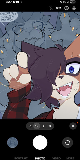 ambiguous_gender anthro approaching_from_behind asking_what blue_eyes bodily_fluids brown_body brown_fur brown_hair brown_nose camera_overlay claws clothing countershade_fingers countershade_fur countershading cross-popping_vein duo eye_markings eye_through_hair feral fur gesture gold_irises golden_claws golden_freckles grey_body grey_hair grey_pupils grey_sclera grey_speech_bubble grey_wings hair hand_gesture iconography insult insulting_another kintsugi_(art) markings open_mouth open_smile pattern_clothing pattern_topwear plaid plaid_clothing plaid_topwear plinth pointing pointing_up pupils reaching_towards_another rock sculpture shocked smile statue sweat text topwear translucent translucent_hair whiskers white_clothing white_topwear wings yellow_eyes miranii shai_(shaimin) animate_inanimate domestic_cat elemental_creature felid feline felis gargoyle living_statue mammal mineral_fauna rock_creature 2026 english_text hatching_(art) hi_res shaded