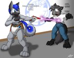 anthro blush bodily_fluids canid canine canis catmonkshiro clean_diaper clothing diaper duo english_text fox gun impending_feces laser laser_beam laser_gun male mammal ranged_weapon raygun shooting surprise sweat sweatdrop text weapon wolf