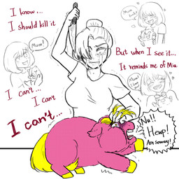 angry blonde_hair bodily_fluids clothed clothed_human clothing crying duo elderly_female elderly_human feral fully_clothed fully_clothed_human fur hair hair_grab heart_symbol holding_another holding_knife holding_object hooves imminent_death knife memory pink_body pink_fur red_text smile tail tears text tied_hair touching_hair yellow_hooves yellow_tail young young_feral young_human yellowcottoncandy030 fluffy_pony fluffy_pony_(species) human mammal 1:1 2025 broken_english digital_drawing_(artwork) digital_media_(artwork) english_text hi_res mother_(lore) parent_(lore)