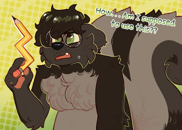 anthro black_nose bodily_fluids dialogue ears_down eyewear eyewear_only fangs fur glasses glasses_only green_eyes green_text grey_body grey_fur grey_hair hair holding_object holding_pencil male nude pawpads pencil_(object) pink_pawpads pink_tongue pivoted_ears round_glasses short_hair solo sweat sweatdrop tail teeth text tongue wearing_glasses crownedvictory wix_(skunkwix) mammal mephitid skunk striped_skunk 2024 digital_drawing_(artwork) digital_media_(artwork) english_text hi_res