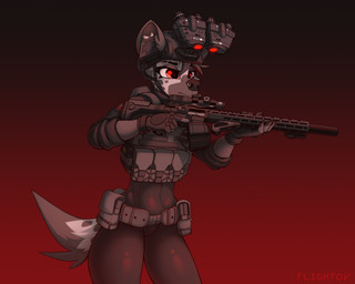 anthro armor belt black_clothing clothed clothing facial_piercing female fingerless_gloves fur gloves grey_body gun handwear headgear helmet holding_gun holding_object holding_ranged_weapon holding_weapon military nose_piercing nose_ring piercing ranged_weapon red_eyes rifle ring ring_piercing simple_background solo tight_clothing weapon flightov escape_from_tarkov callista_redgrave hyena mammal 5:4 hi_res
