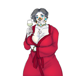 anthro big_breasts blue_eyes bracelet breasts chest_tuft clothing container cup drinking_glass feathers female fire glass glass_container glass_cup jewelry mature_female multi_eye necklace robe solo tuft wide_hips wine_glass wings gulasauce_(artist) whine_mami angel avian bird majarean absurd_res hi_res