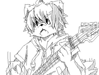anthro clothing electric_guitar guitar hair hoodie kemono male musical_instrument open_mouth plucked_string_instrument simple_background solo string_instrument topwear white_background dosanco15 parma15 canid canine fox mammal black_and_white monochrome sketch