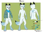 anthro black_ears black_nose black_tail blue_clothing blue_eyes blue_jacket blue_kerchief blue_markings blue_neckerchief blue_tail blue_topwear border bottomless clothed clothing crotch_tuft dipstick_ears dipstick_tail ear_markings front_view fur gloves_(marking) green_background jacket kerchief leg_markings male markings mouth_closed multicolored_ears neckerchief neckwear no_pupils nude open_clothing open_jacket open_topwear rear_view simple_background socks_(marking) solo standing tail tail_markings topwear tuft white_body white_border white_ears white_fur white_tail martinballamore canid mammal model_sheet