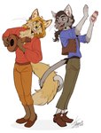 alternate_species anthro black_hair blonde_hair dancing duo eye_contact facial_hair furrification hair long_hair looking_at_another male male/male musical_instrument ponytail tail tail_motion whiskers tatujapa dreamworks the_road_to_el_dorado miguel_(the_road_to_el_dorado) tulio_(the_road_to_el_dorado) canid canine domestic_cat felid feline felis fox mammal absurd_res hi_res