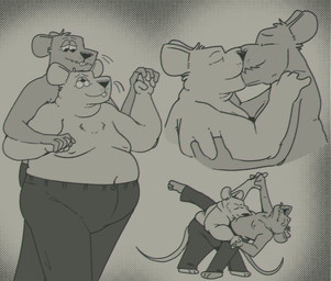 anthro belly big_belly bottomwear clothed clothing duo eyes_closed kissing male male/male moobs nipples overweight overweight_male pants tail topless topless_male barnem mammal murid murine rat rodent 2026 hi_res