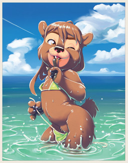 anthro beach breasts brown_body brown_fur brown_hair claws clothed clothing detailed_background erect_nipples female flat_chested fur glistening glistening_body glistening_clothing hair legs_in_water loli looking_at_viewer nipple_slip nipples one_eye_closed outside partially_submerged seaside shush smile solo standing standing_in_water submerged_legs swimwear undressing wardrobe_malfunction water wet wink young young_anthro young_female rb bear mammal 2018 hi_res