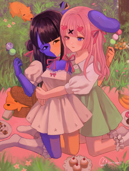 ambiguous_gender banana basket blush breasts canon_x_oc clothed clothing container cupcake detailed_background dress eyebrows female female/female feral floating_head food fruit grass group hair kneeling multicolored_body not_furry_focus pink_hair plant sandwich_(food) two_tone_body yellow_body usagimarumei ena_(series) ena_(web_series) ena_(joel_g) hourglass_dog_(ena) mezo_(usagimarumei) moony_(ena) animal_humanoid ena_(species) humanoid lagomorph lagomorph_humanoid leporid_humanoid mammal mammal_humanoid rabbit_humanoid digital_media_(artwork) hi_res