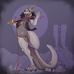 accessory anthro big_breasts big_tail blood blood_drip blood_magic blood_on_hand blood_trail bodily_fluids bone breasts candle claws clitoral_hood clitoris clitoris_piercing clothing cultist desert dripping ear_piercing eyebrow_piercing facial_piercing feathers female flag forked_tongue furgonomics furry-specific_piercing genital_piercing genitals gold_(metal) gold_jewelry grey_body hair_accessory hair_ring horn horn_markings horn_piercing ineffective_clothing jewelry licking_blood markings melee_weapon nipple_piercing nipple_slip nipples piercing pregnant pseudo_hair red_eyes ruins runes scale_markings scales skull solo standing stole_(clothing) sword tail tentacle_hair tentacles thick_thighs thorns tongue tongue_out tongue_piercing vulva weapon wide_hips wielding_weapon zap_redfield dungeons_and_dragons hasbro mythology wizards_of_the_coast sabrina_(zap_redfield) dragon dragonborn_(dnd) mythological_creature mythological_scalie scalie 1:1 hi_res