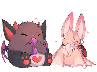 2_horns ambiguous_gender brown_body brown_fur candy chibi claws dessert duo eating eating_food eyes_closed fangs feet feral finger_claws food fur handpaw heart_symbol hindpaw holding_food holding_object horn kemono membrane_(anatomy) membranous_wings pawpads paws pink_body pink_fur pointy_ears prick_ears sitting smile teeth wing_claws wings loyaldis nu:_carnival aster_(nu:_carnival) morvay_(nu:_carnival) bat demon mammal 4:3