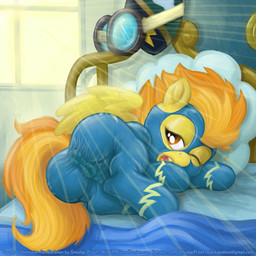 anus bed brown_eyes butt camel_toe clothing female feral furniture genitals latex looking_at_viewer lying on_bed on_side open_mouth solo suit sun teats tight_clothing vulva wonderbolts_academy wonderbolts_uniform smudge_proof friendship_is_magic hasbro my_little_pony spitfire_(mlp) wonderbolts_(mlp) 1:1 2016 alternate_version_at_source hi_res