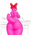 accessory anthro apron apron_only big_butt bow_(feature) bow_accessory bow_ribbon breasts butt centered_hair_bow clothing female hair_accessory hair_bow hair_ribbon mostly_nude rear_view ribbons side_boob simple_background solo text wide_hips fatmanass mario_bros nintendo birdo english_text hi_res