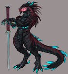 anthro claws horn looking_aside male melee_weapon muscular solo standing sword weapon laobai mythology bai_(laobai) dragon mythological_creature mythological_scalie scalie hi_res