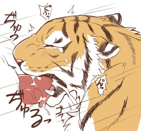 ambiguous_gender black_lips black_stripes blush bodily_fluids countershading cum cum_in_mouth cum_inside cum_on_penis cum_on_tongue duo ears_back erection eyes_closed faceless_character faceless_male fangs fellatio feral feral_penetrated fur genital_fluids genitals lips male male/ambiguous multicolored_body multicolored_fur open_mouth oral oral_penetration orange_body orange_fur penetration penile penis pink_nose pivoted_ears sex simple_background snout solo_focus striped_body striped_fur stripes tears teeth text tongue tongue_out whiskers white_background white_body white_fur giraffe_(artist) lam-chan felid mammal pantherine tiger 2015 bust_portrait japanese_text portrait translated
