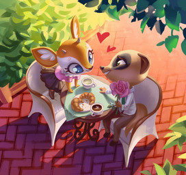 anthro beverage bread clothed clothing coffee container croissant cup date daww duo female flower food furniture heart_symbol horn leaning leaning_forward male outside pastry plant sitting smile table holivi aggretsuko sanrio chief_komiya tsunoda_(aggretsuko) antelope bovid gazelle herpestid mammal meerkat thomson's_gazelle true_antelope absurd_res hi_res