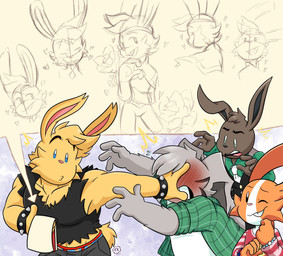 angry anthro blonde_hair blush bracelet briefs clothing drawing_(object) drawing_in_a_drawing fur grey_body grey_fur group hair jealous jewelry long_ears male male/male muscular muscular_anthro muscular_male sparkles spiked_bracelet spikes underwear toastyraincloud lagomorph leporid mammal rabbit absurd_res hi_res