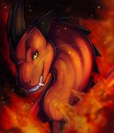 dragon feral fire headshot_portrait horn looking_at_viewer moliin mythological_creature mythological_scalie mythology portrait scalie sharp_teeth smile solo spikes spikes_(anatomy) teeth toothy_grin wings yellow_eyes