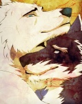 abstract_background anthro black_body black_fur black_nose blue_eyes countershading duo eye_contact fangs fur hug looking_at_another male male/male psychedelic red_eyes romantic romantic_couple simple_background smile teeth white_body white_fur aluminemsiren orion_(aluminemsiren) canid canine canis mammal wolf