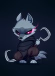 anthro chibi crouching fur grey_body grey_fur looking_at_viewer male red_eyes sickle simple_background smile solo jinxit dreamworks puss_in_boots_(franchise) death_(puss_in_boots) canid canine canis mammal wolf absurd_res hi_res