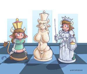 armless big_breasts blush breasts brown_hair chess_piece crown featureless_breasts featureless_crotch female freckles group hair headgear holding_melee_weapon holding_object holding_shield holding_sword holding_weapon horn inanimate_transformation melee_weapon shield surprised sword tail transformation weapon anthromage animal_humanoid bovid bovid_humanoid bovine bovine_humanoid cattle_humanoid humanoid mammal mammal_humanoid 2022 digital_media_(artwork) hi_res
