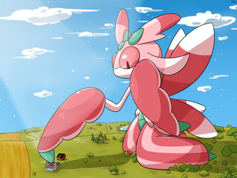 barn blue_sky building cloud day farm house kneeling looking_down macro outside pink_body pink_wings plant pond sky text touching_building touching_house tree water wings listrymistery nintendo pokemon generation_7_pokemon lurantis pokemon_(species) 2023 4:3 absurd_res artist_name digital_drawing_(artwork) digital_media_(artwork) hi_res