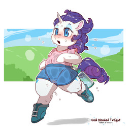 anthro athletic_wear blue_eyes blue_eyeshadow blush bodily_fluids bottle bottomwear camel_toe clothed clothing container cutie_mark exercise eyeshadow female grass gym_bottomwear gym_shorts hair horn makeup outside plant purple_hair running shirt shorts sky solo sweat t-shirt text topwear water_bottle white_body cold-blooded-twilight friendship_is_magic hasbro my_little_pony mythology rarity_(mlp) equid equine mammal mythological_creature mythological_equine unicorn 1:1 english_text hi_res
