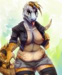 anthro bottomwear breasts claws clothed clothing female jacket navel nipples non-mammal_breasts non-mammal_nipples piercing shorts slightly_chubby solo sub-tympanic_shield tongue tongue_out tongue_piercing topwear fivel green_iguana iguana iguana_(genus) iguanid lizard reptile scalie 2016 digital_media_(artwork) hi_res