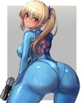 big_butt blonde_hair breasts butt butt_focus clothing cosplay dark_body dark_skin female gun hair handgun holding_gun holding_handgun holding_object holding_pistol holding_ranged_weapon holding_weapon humanoid_pointy_ears looking_at_viewer looking_back not_furry pistol pointy_ears ranged_weapon red_eyes simple_background smile solo tight_clothing weapon zero_suit k_dmc8109 hololive metroid nintendo vtuber flare_shiranui elf humanoid mammal hi_res