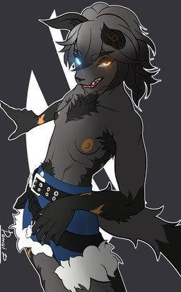 5_fingers anthro armpit_hair belt blue_bottomwear blue_clothing blue_shorts body_hair bottomwear chest_hair clothed clothing countershade_fur countershade_torso countershading ear_piercing female fingers fluffy fluffy_tail fur glowing glowing_eyes grey_body grey_fur grey_hair hair heterochromia jewelry magenta_pawpads nipples no_shirt pawpads piercing pose pubes pubes_exposed short_hair shorts simple_background smile solo tail teeth topless topless_anthro pomuid epic_games fortnite wolfie_(fortnite) canid canine canis mammal wolf absurd_res hi_res