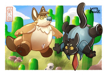 accessory anthro black_body blue_clothing blue_nose blue_shirt blue_topwear bone border brown_ears brown_feet brown_hair cactus clothing cloud duo eyebrows feet grass hair inflatable male neck_tuft necktie outside plant red_necktie rock shirt skull tan_body topwear tuft white_border white_eyebrows yellow_eyes koidelcoyote koiyaroid valve brian_sander_(sanderthecat) koidelcoyote_(character) animate_inanimate canid canine canis coyote domestic_cat felid feline felis living_inflatable mammal 2017 hi_res signature
